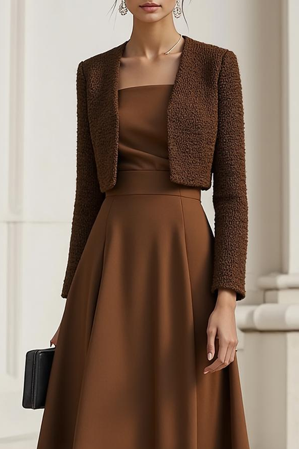 Work Suit Sets Brown Long Sleeve Ankle-Length Skirt Set