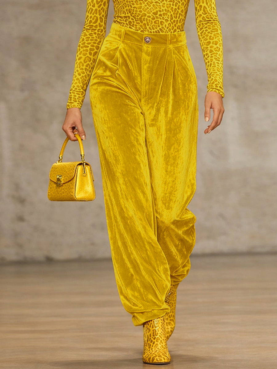 High Waisted Pleated Pockets Solid Color Velvet Pants Trousers