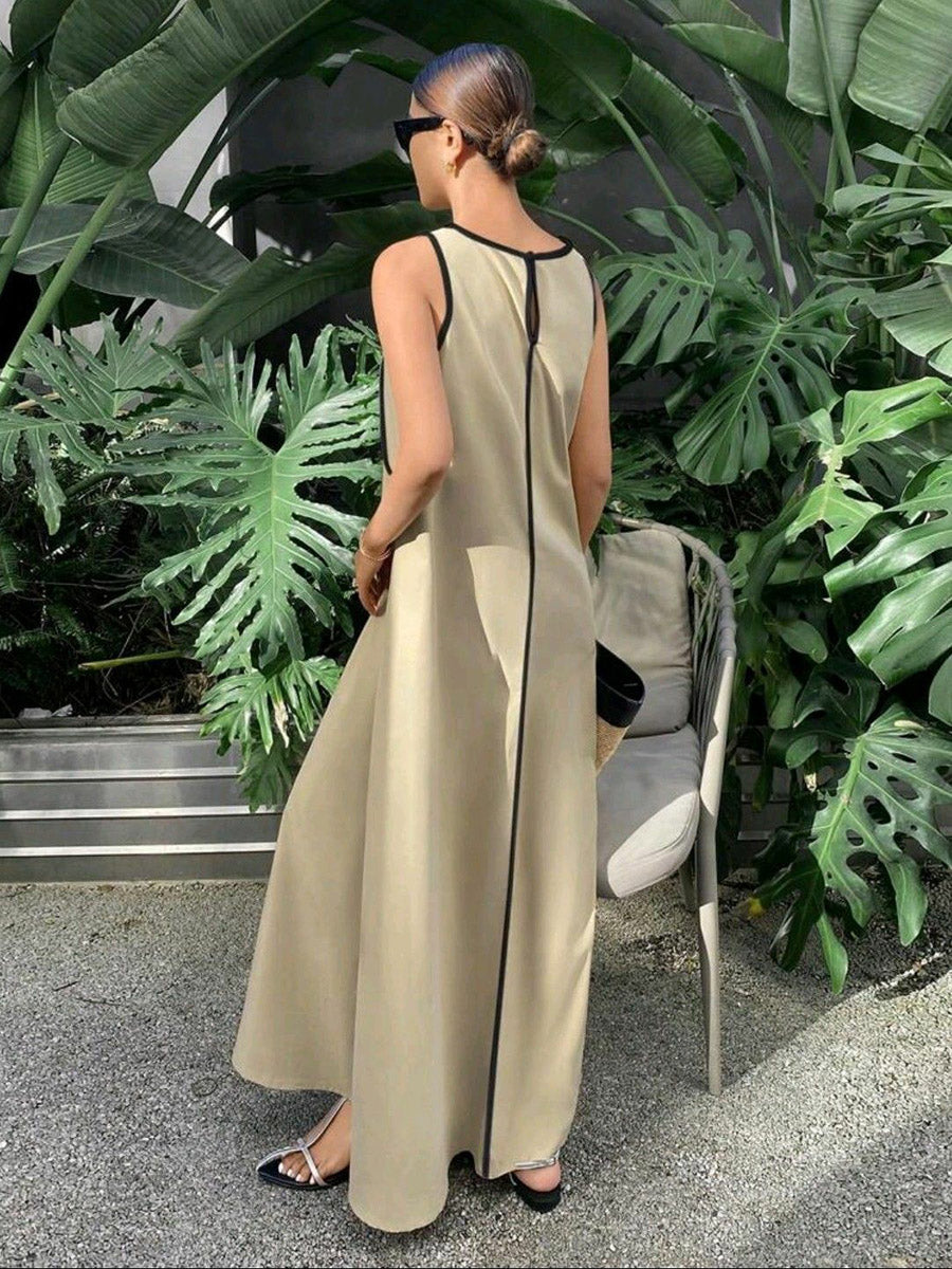 A-Line Loose Contrast Color Line Round-Neck Maxi Dresses