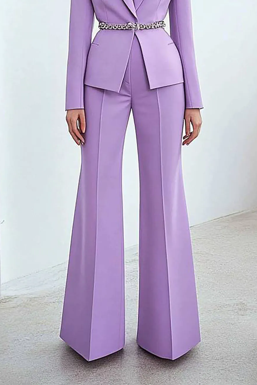 Work Formal Pants Suit Purple Long Sleeve Belt Wide-Leg Blazer Set