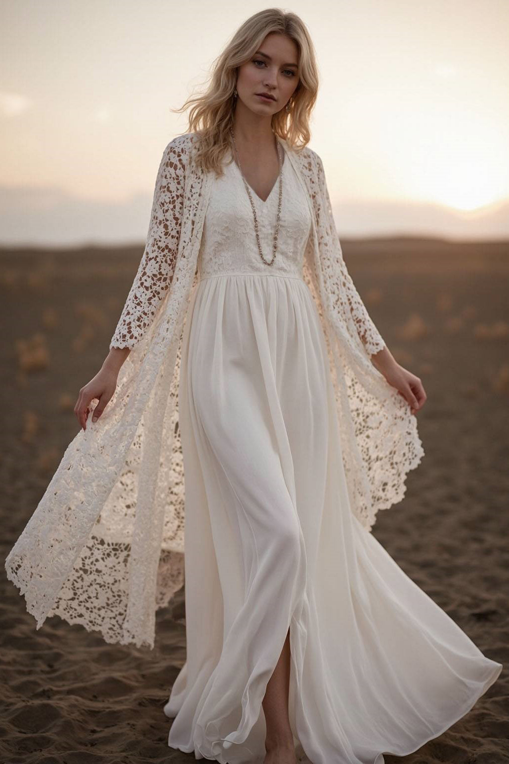 Vacation Lace Dress Set Long Sleeve Cardigan V-Neck Maxi Dress Set