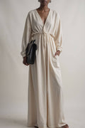 Vacation Casual Dress Linen Ivory Deep V Long Sleeve Pocketed Maxi Dress