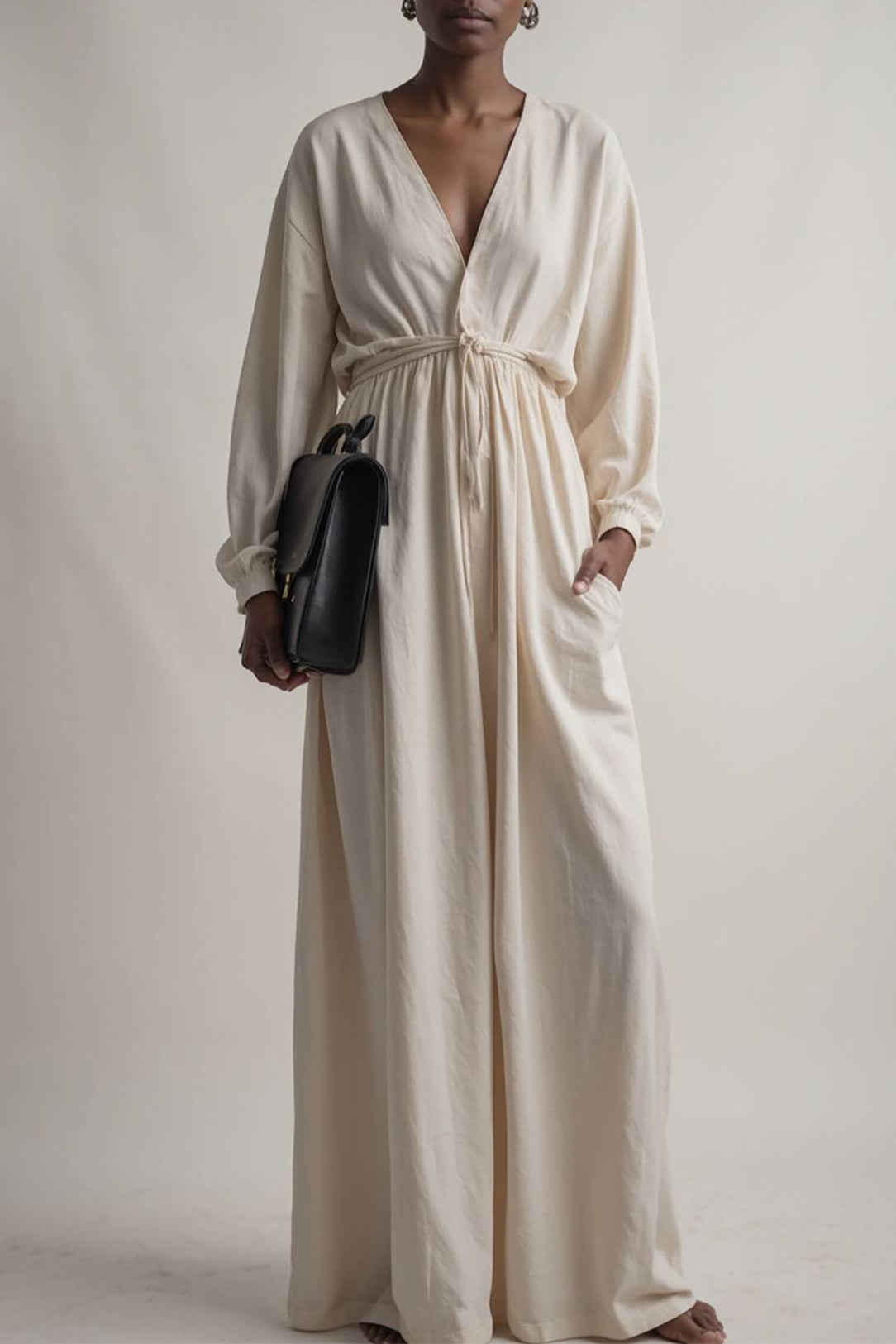 Vacation Casual Dress Linen Ivory Deep V Long Sleeve Pocketed Maxi Dress
