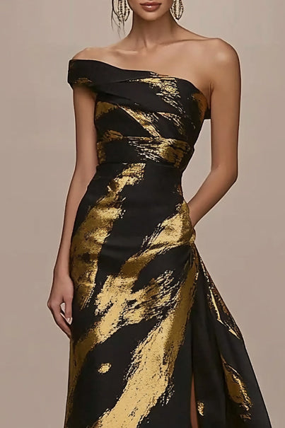 Formal Evening Black Gold Dress Off The Shoulder Split Maxi Dress