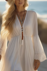 Bohemian Beach Swing Dress White Long Sleeve Plus High Low Maxi Dress