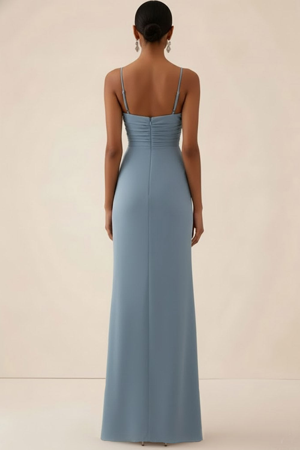 Dusty Blue Formal Wedding Bridesmaid Dress Spaghetti Straps Slit Maxi Dress