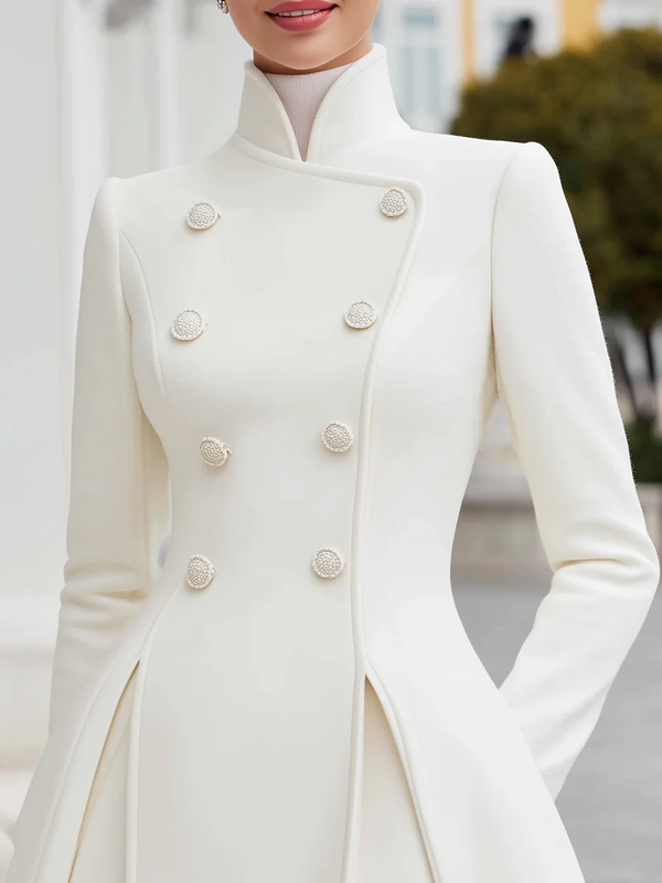 A-Line High Waisted Buttoned Pleated Pockets Solid Color Stand Collar Midi Dresses Overcoat