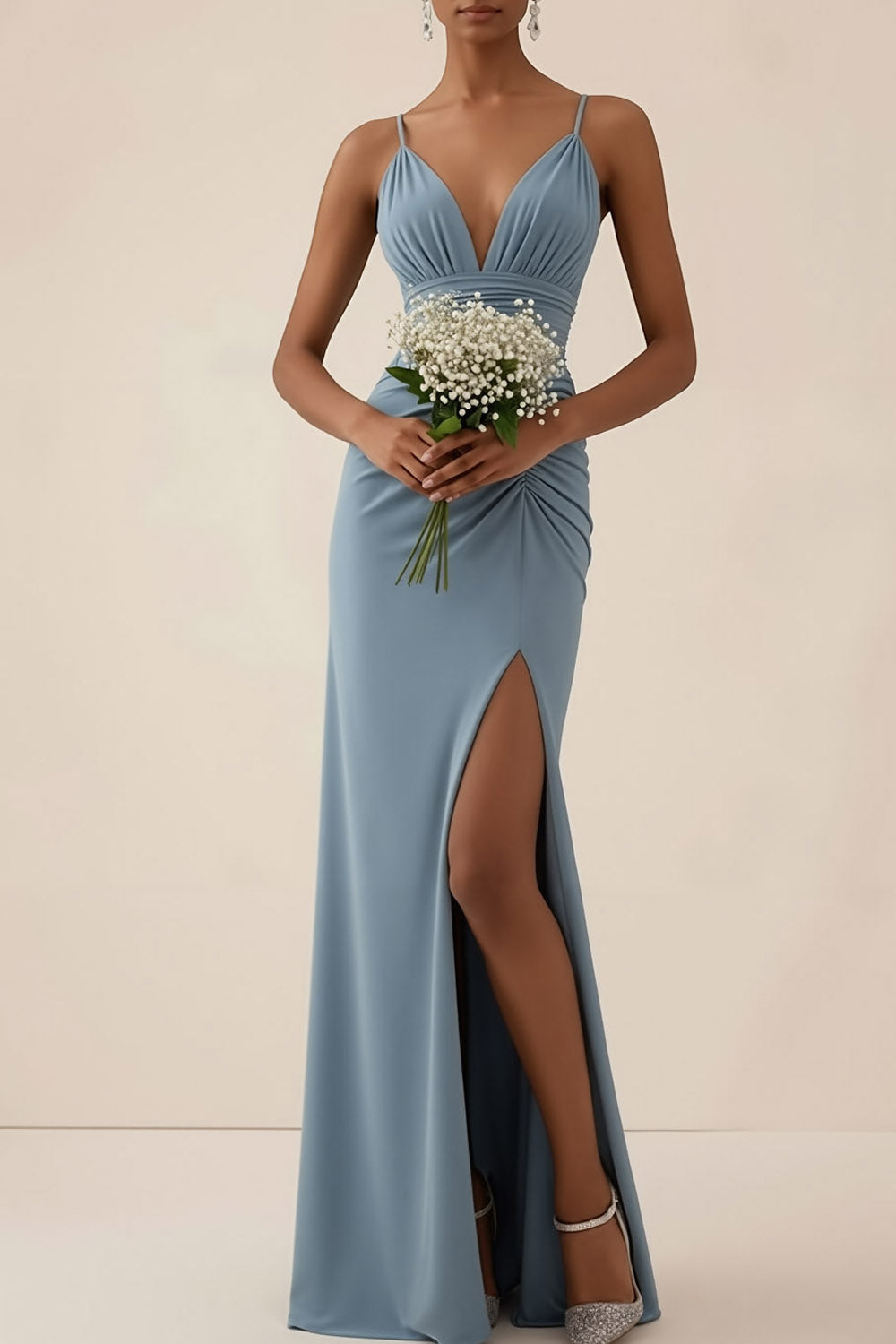 Dusty Blue Formal Wedding Bridesmaid Dress Spaghetti Straps Slit Maxi Dress