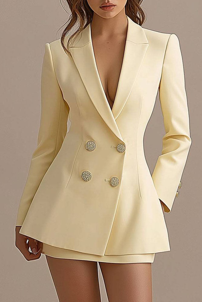Work Party Skirt Suit Light Yellow Long Sleeve Mini Two Piece Blazer Set