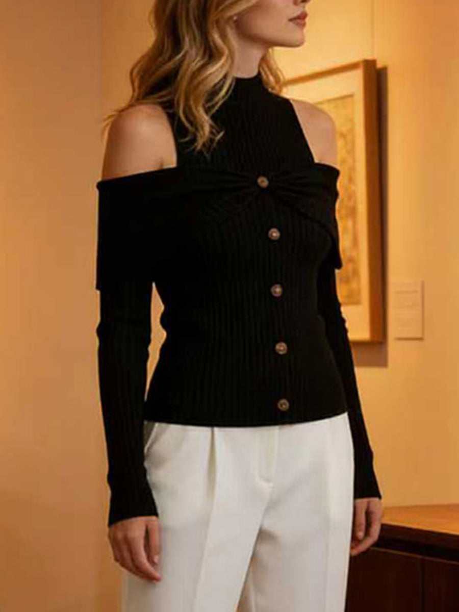 Long Sleeves Skinny Buttoned Pleated Ribbed Knit Cold Shoulder Knit Top