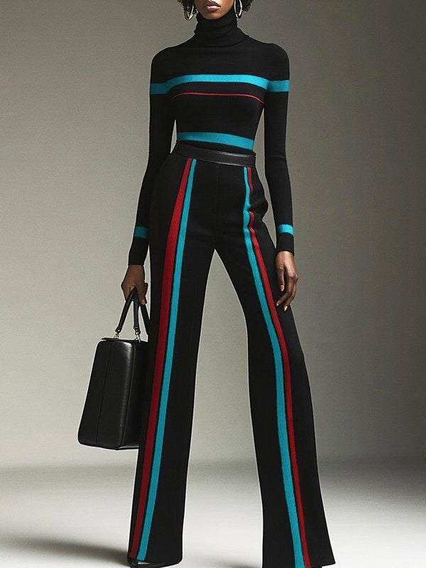 Long Sleeves Contrast Color Striped High Neck Pullovers Sweater Tops