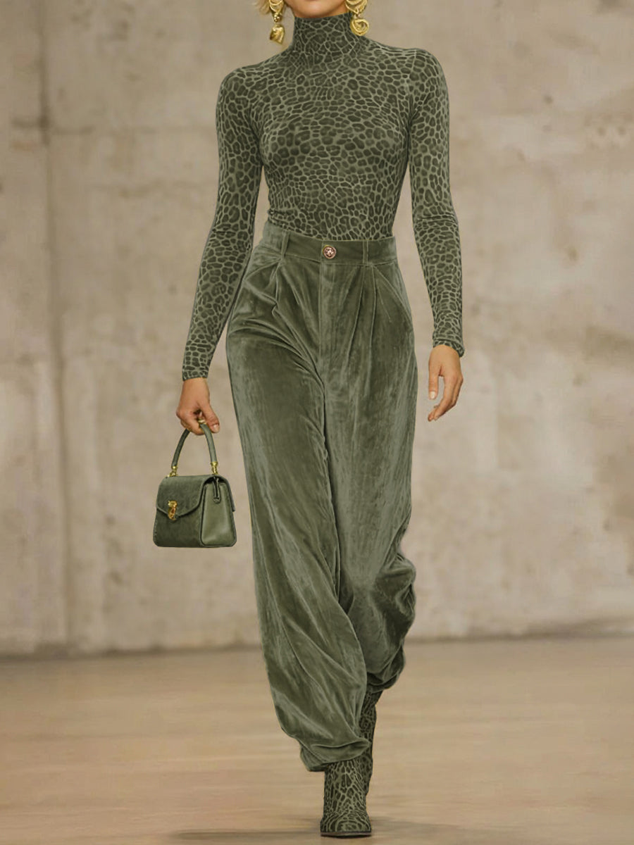 High Waisted Pleated Pockets Solid Color Velvet Pants Trousers