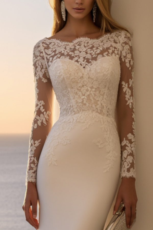 Wedding Dress White Boat Neck Lace Maxi Long Sleeve Dress