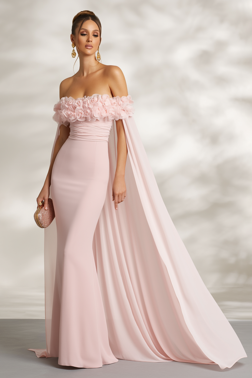 Formal Dress Pink Off Shoulder 3D Floral Cape Maxi Dress