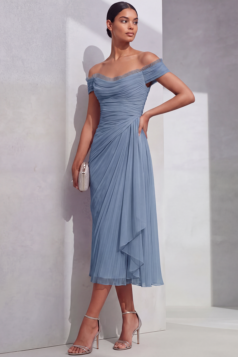 Lilac Formal Evening Dress Off the Shoulder Pleated Chiffon Midi Dress