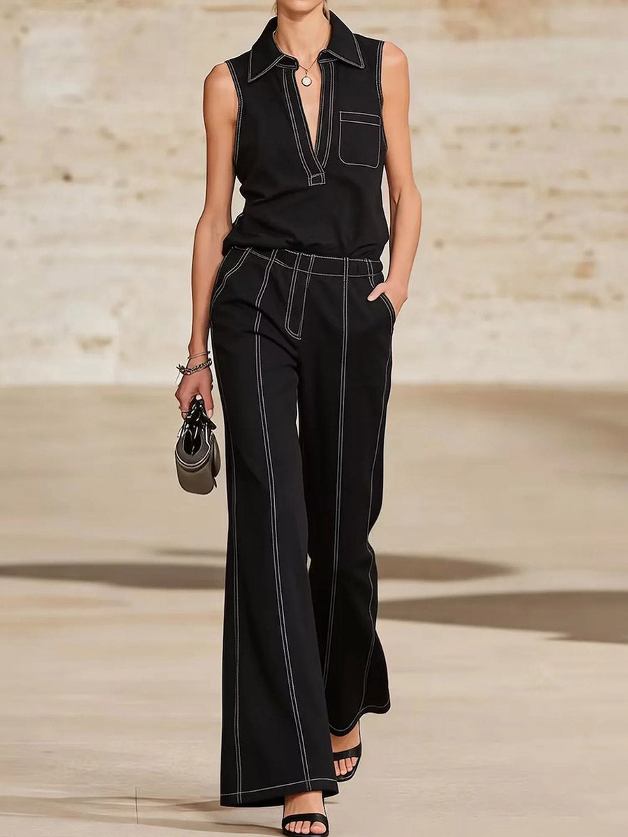 Loose Sleeveless Line Solid Color Lapel Vest Top