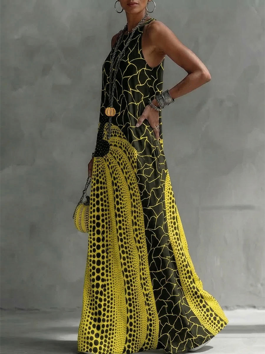Loose Sleeveless Pockets Polka-Dot Printed Round-Neck Maxi Dresses