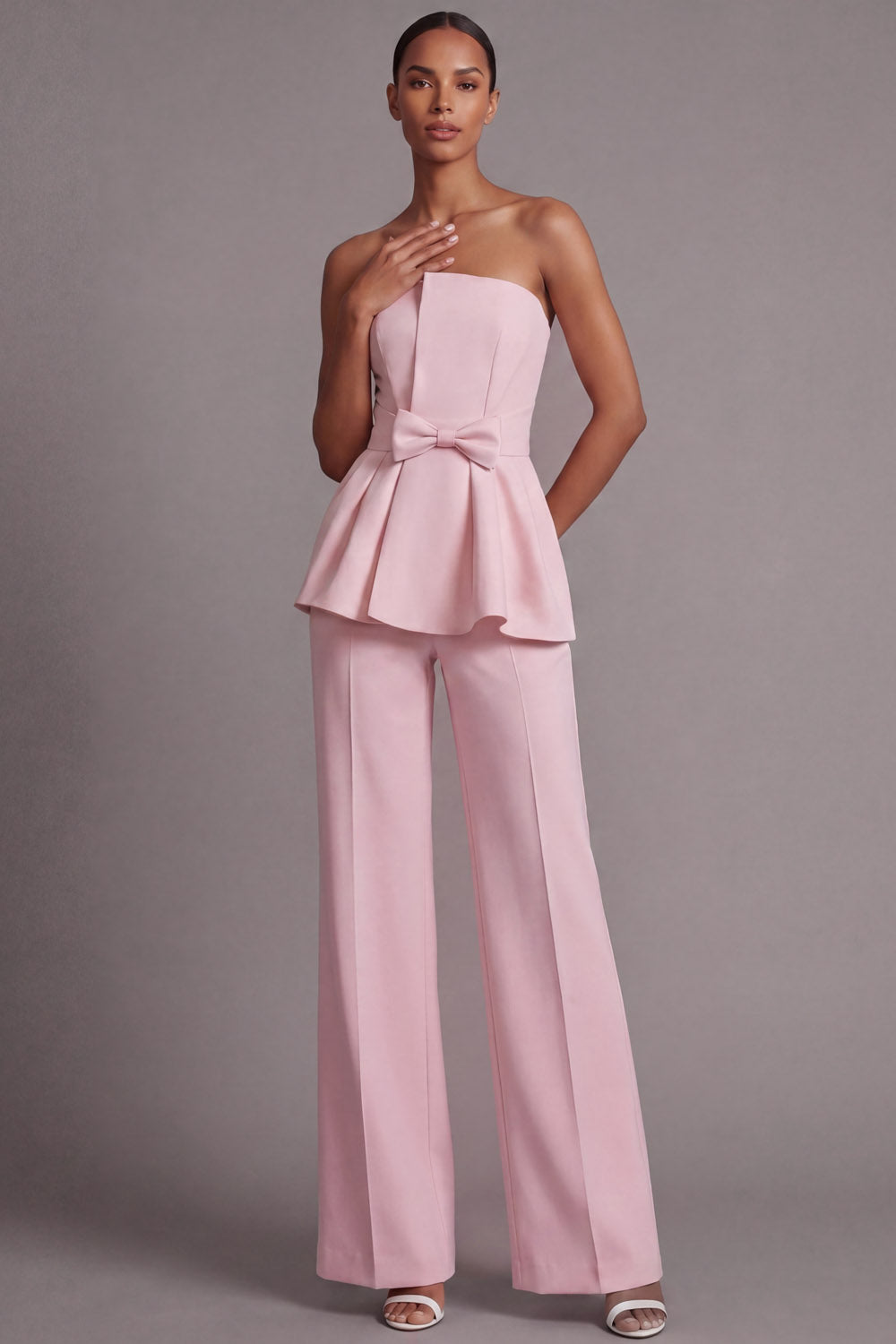 Pink Party Suit Sets Strapless Pants Set with Bowknot