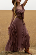 Boho Dress Purple V Neck Ruffle Belted Maxi Dress