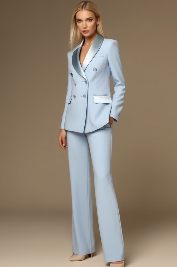 Work Formal Pants Suit Light Blue Long Sleeve Pocket Blazer Set