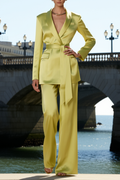 Party Satin Blazer Suit Sets Yellow Lapel Long Sleeve Straight Pants Set