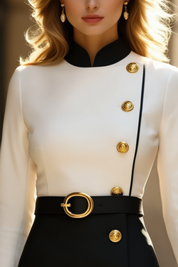 Work Dress Black White Stand Collar Long Sleeve Belted Mini Dress