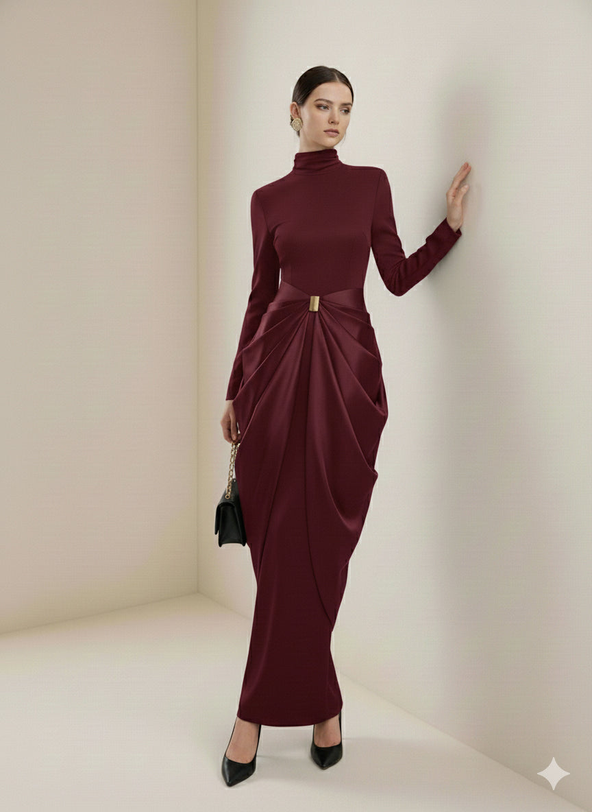 Long Sleeves Buckle Draped High-Neck Evening Dresses Maxi Dresses