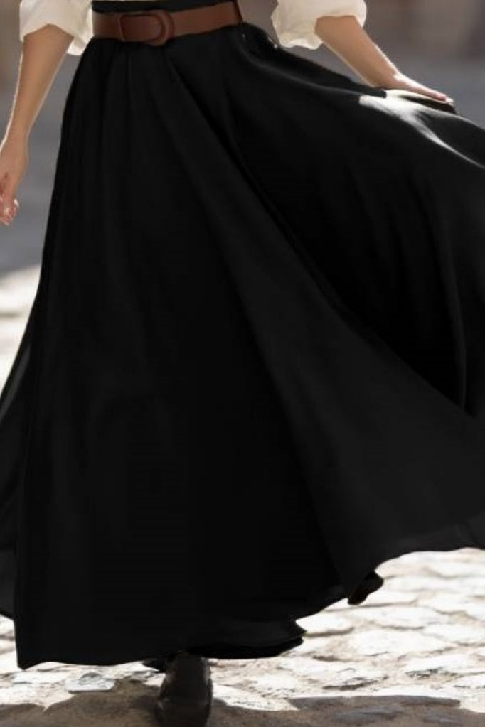 Casual Swing Shirt Skirt Set Black White Lapel Maxi