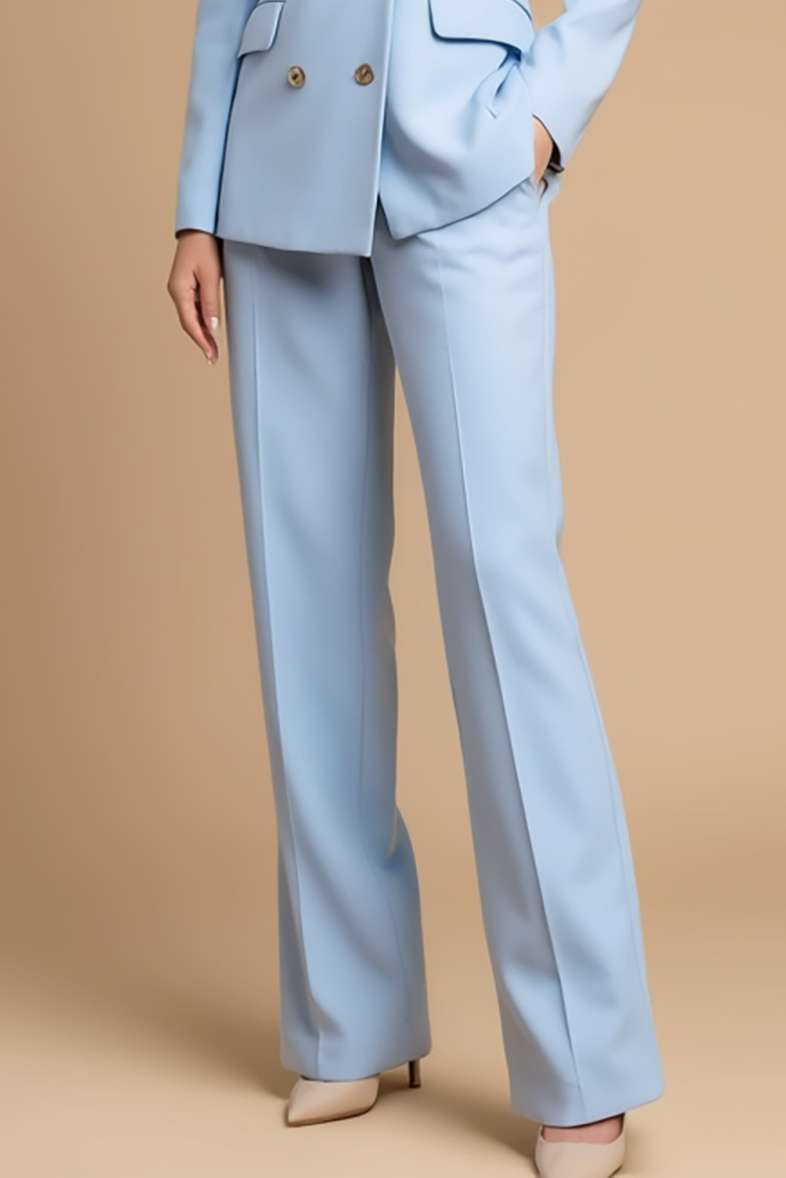 Work Formal Pants Suit Light Blue Gold Lapel Pocketed Blazer Set