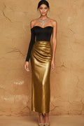 Golden Formal Dress Sheath Off the Shoulder Metallic Satin Maxi Dress
