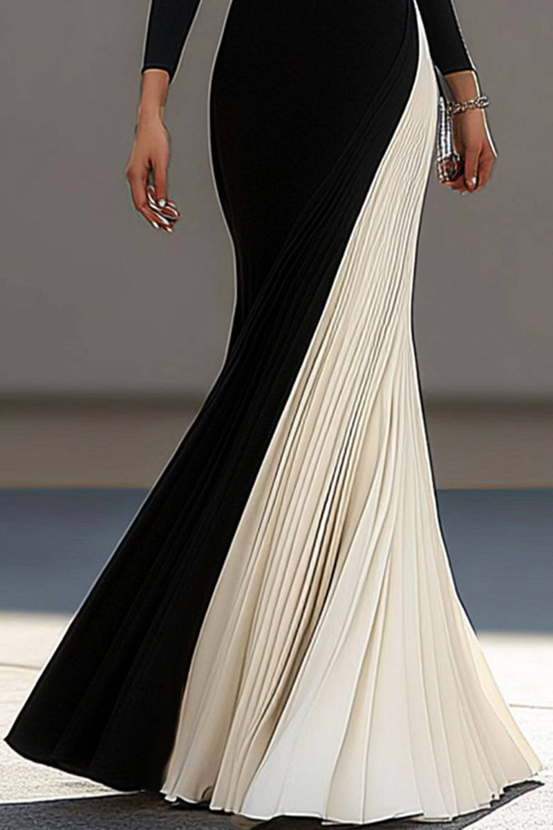 Formal Evening Dress Black White Pleated V-Neck Long Sleeve Maxi Dress