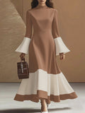 Flared Sleeves High Waisted Contrast Color Pleated Split-Joint Mock Neck Maxi Dresses