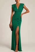 Emerald Green Formal Dress Sheath V-Neck Ruched Maxi Dress with Slit