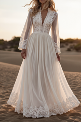 Bohemian Lace Dress White Deep V Long Sleeve Maxi Dress