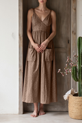 Casual Vacation Dress Light Brown Strappy Floral with Pockets Maxi Dress