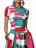 Short Sleeves Skinny Contrast Color Plaid Printed Round-Neck T-Shirts Tops
