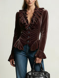Elasticated Waist Flared Sleeves Buttoned Pleated Ruffled Solid Color Split-Joint Deep V-Neck Blouses&Shirts Tops