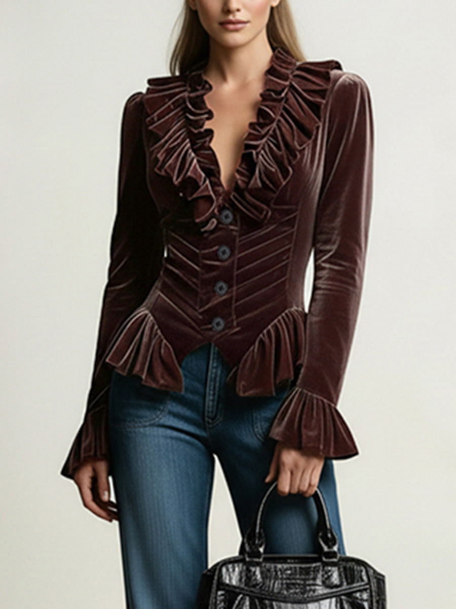Elasticated Waist Flared Sleeves Buttoned Pleated Ruffled Solid Color Split-Joint Deep V-Neck Blouses&Shirts Tops