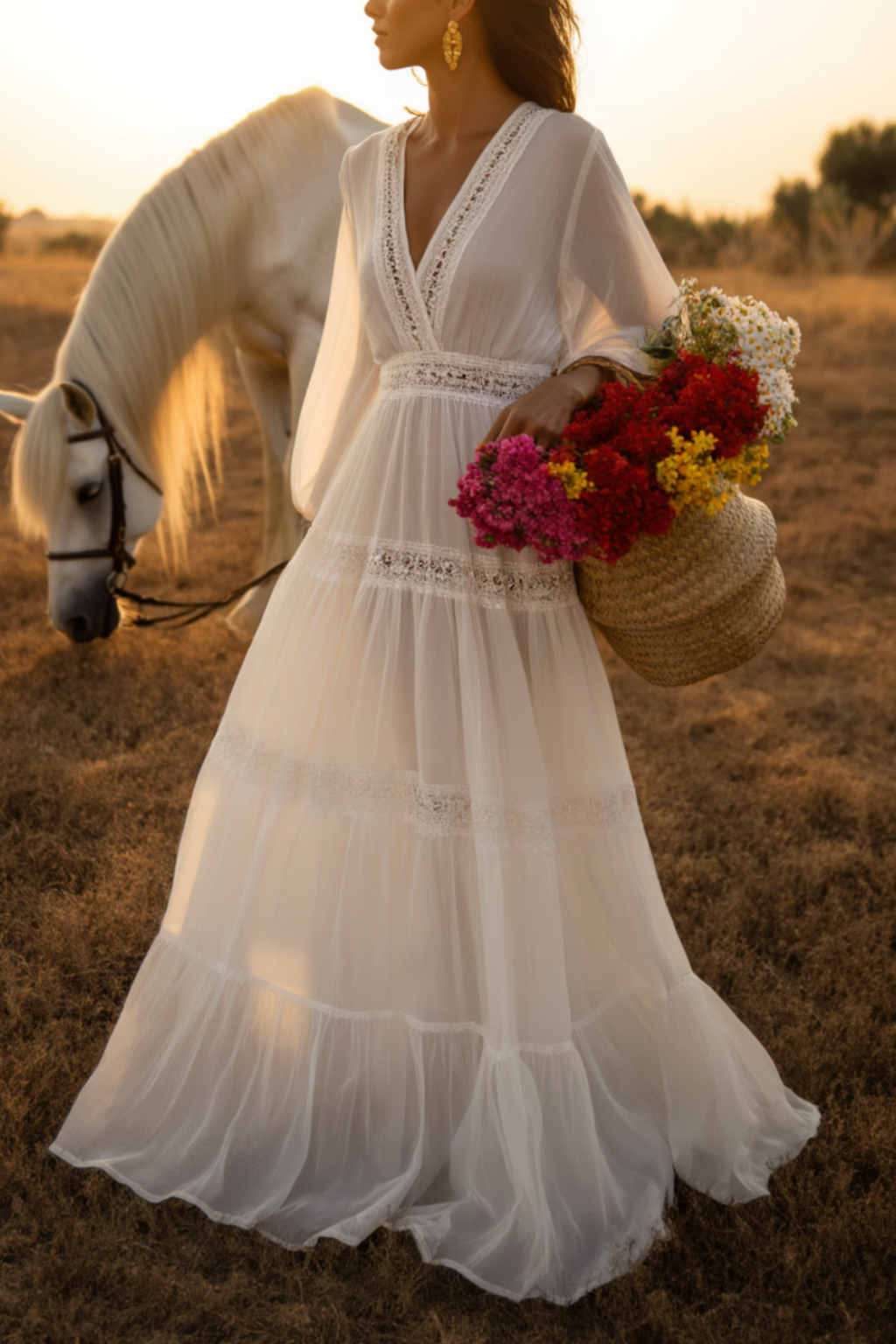Bohemian Holiday Swing Dress White Long Sleeve Maxi Dress