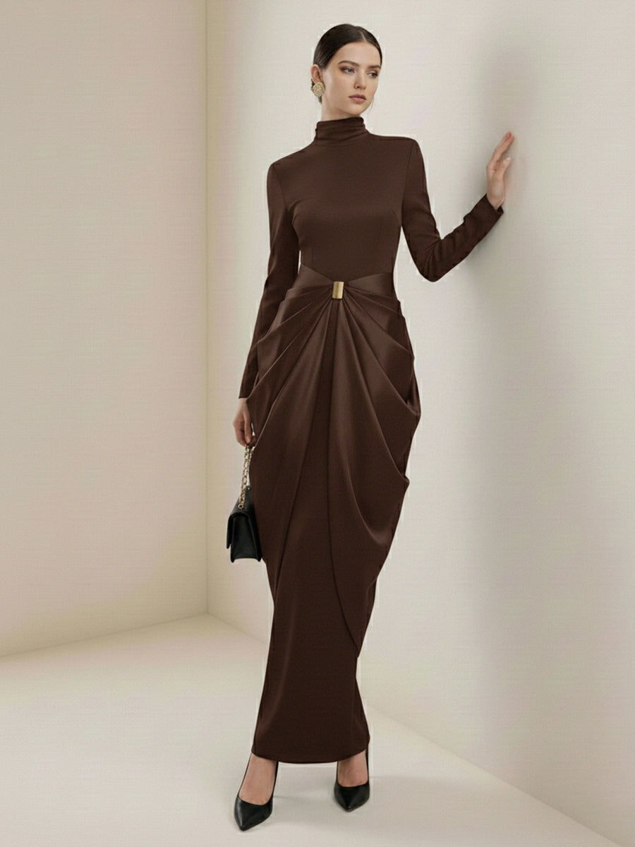 Long Sleeves Buckle Draped High-Neck Evening Dresses Maxi Dresses