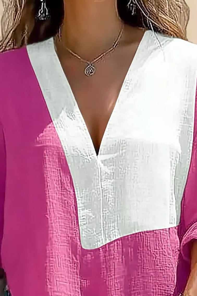 Casual Daily Top Pink White Colorblock Deep V Loose Long Sleeve Shirt