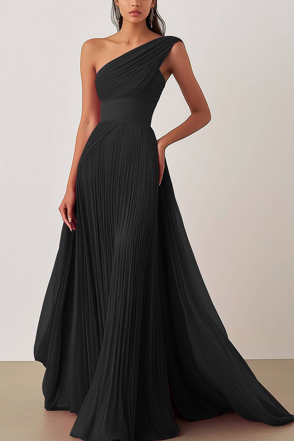 Prom Formal Pleated Dress Rose Color One-Shoulder Maxi Dress