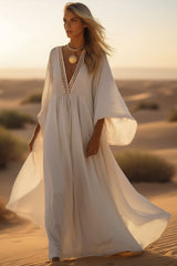 Bohemian Swing Dress White Deep V Colorblock Maxi Dress