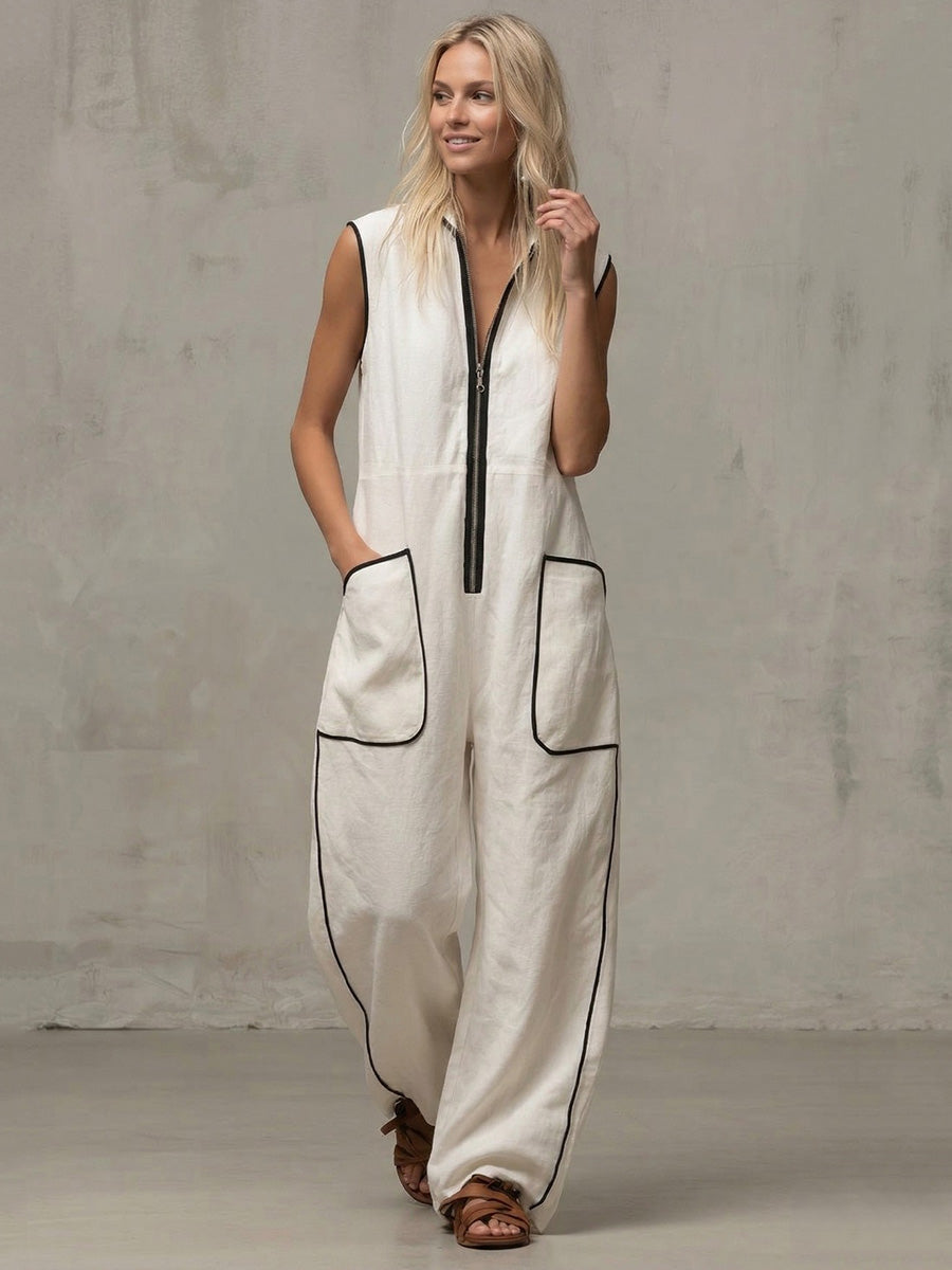 Loose Sleeveless Contrast Color Line Pockets Split-Joint Zipper Stand Collar Jumpsuits