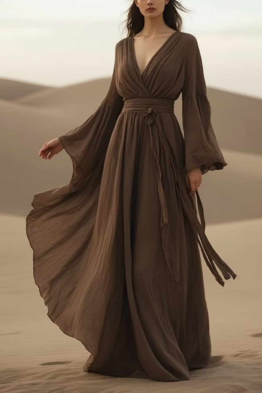 Bohemian Swing Dress Coffee V Neck Maxi Dress