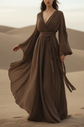 Bohemian Swing Dress Coffee V Neck Maxi Dress