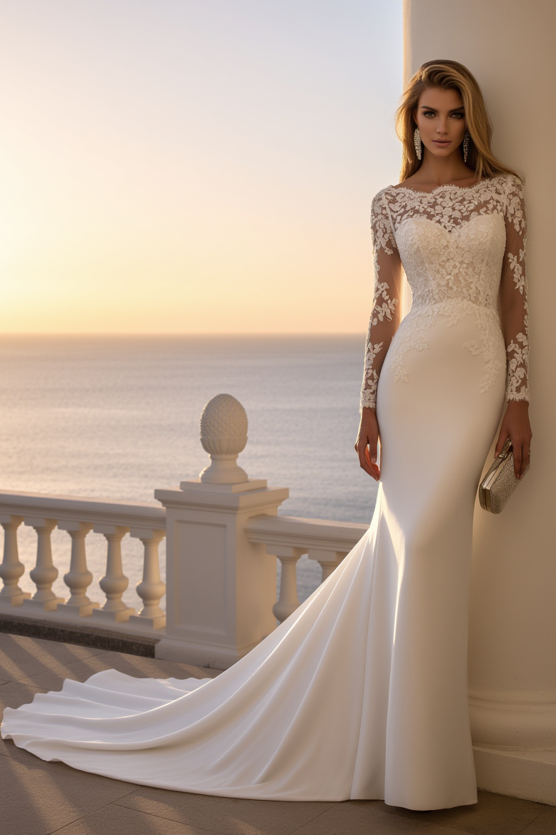 Wedding Dress White Boat Neck Lace Maxi Long Sleeve Dress