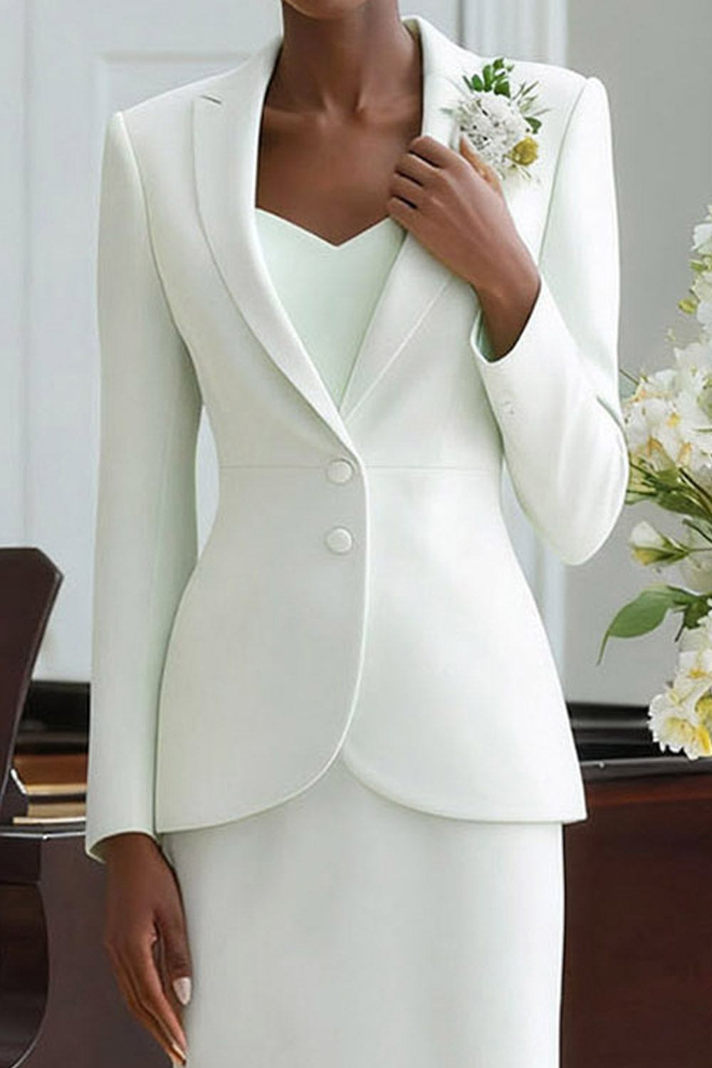 White Business Formal Blazer Suit Lapel Long Sleeve Maxi Skirt Set
