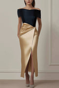Fall Wedding Guest Dress Satin Black Gold Slit Midi Dress