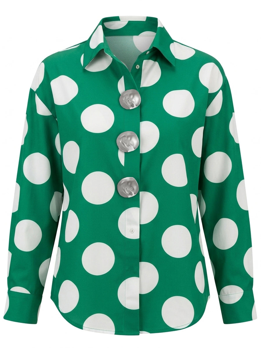 Long Sleeves Loose Buttoned Contrast Color Polka-Dot Lapel Blouses&Shirts Tops